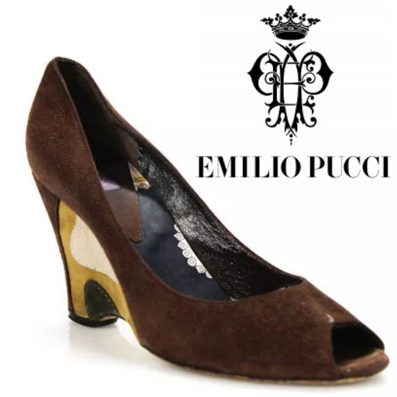 EMILIO PUCCI SIZE 37.5 BROWN SUEDE PEEP TOE - Picture 1 of 8